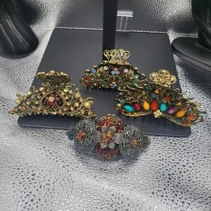 Vintage Style Ornate Hair Clips with Multicolor Gems